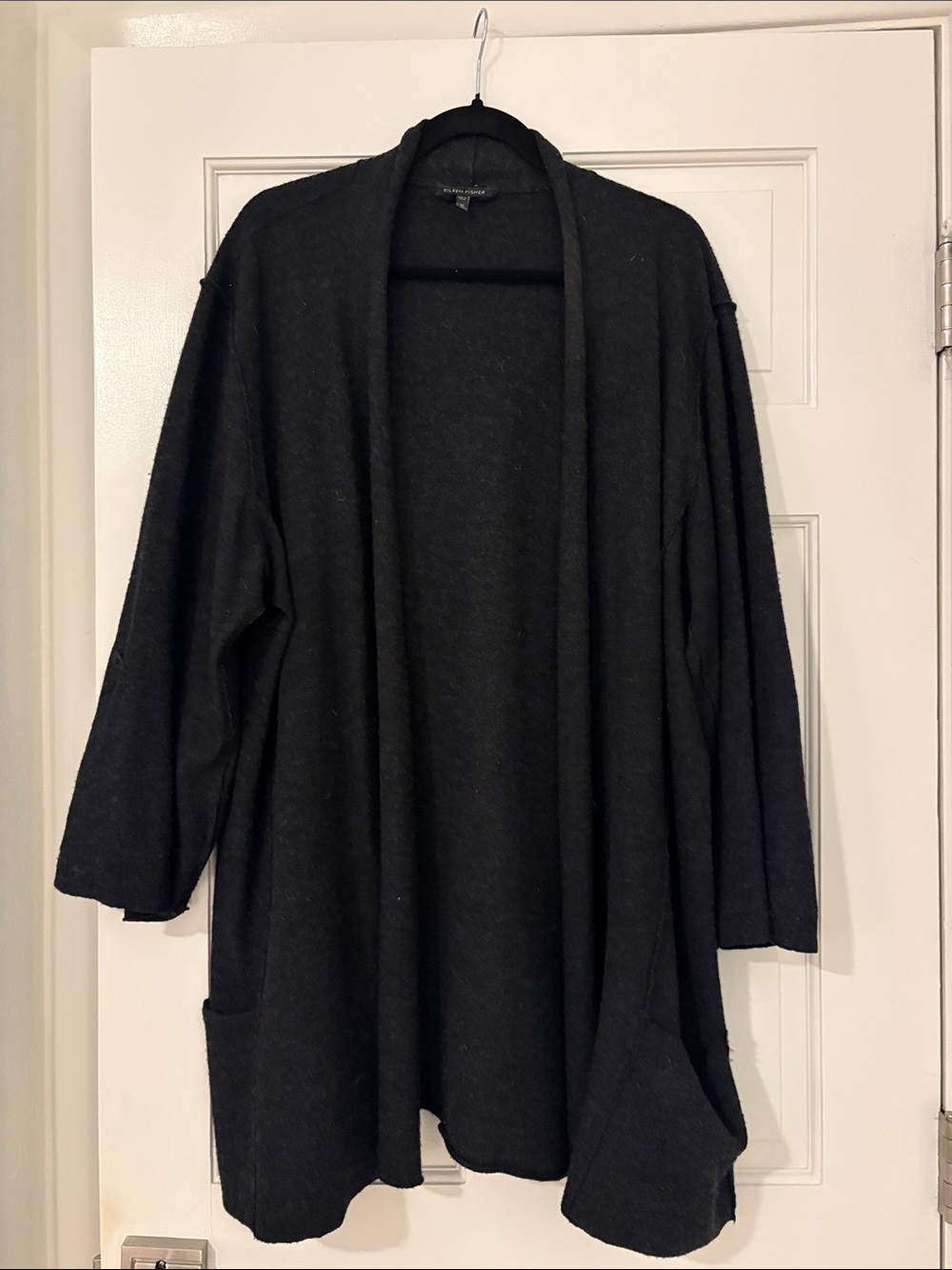 Eileen Fisher Charcoal Grey Open-Front Long Cardigan with Pockets & Tab Sleeves